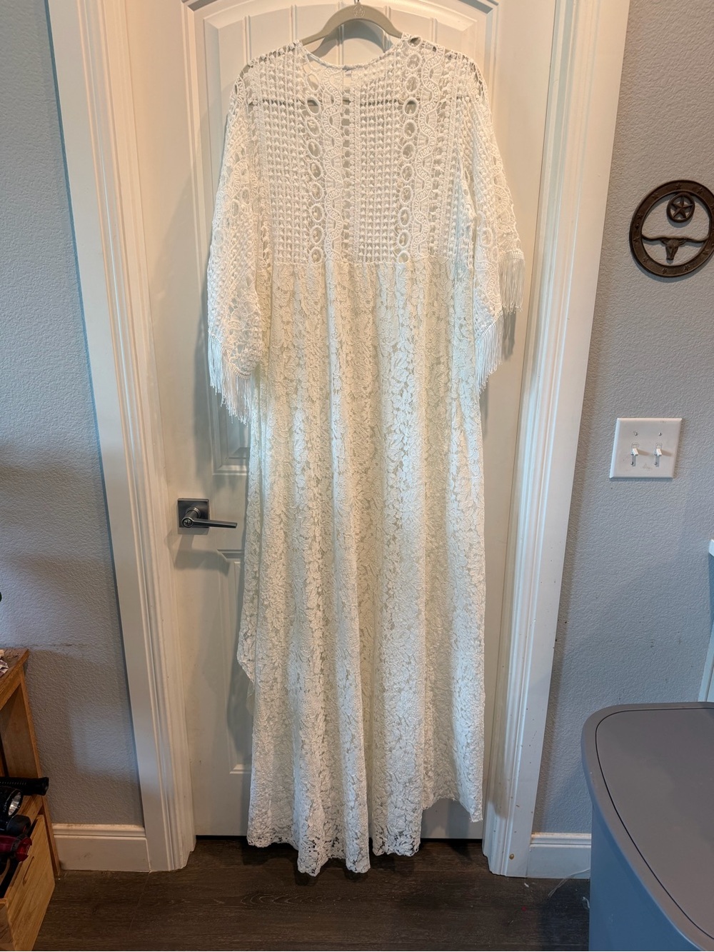 Boho Lace Maxi Dress with Crochet Yoke and Fringe Sleeves - White - Picture 6 of 6